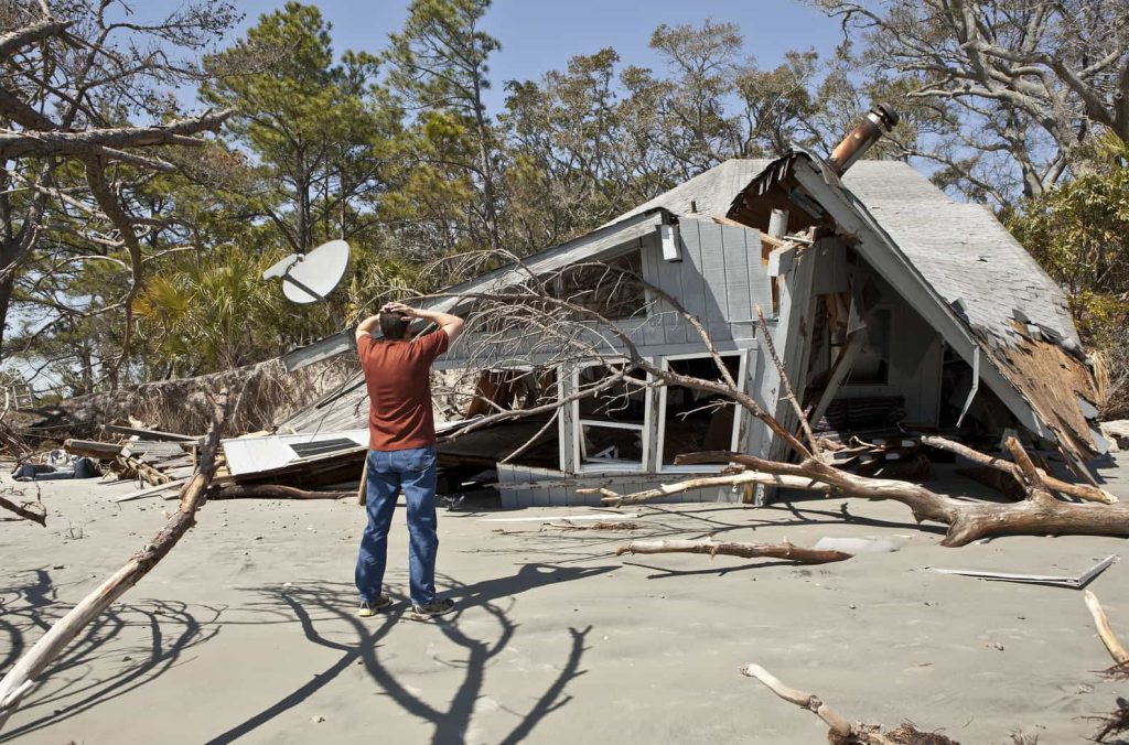 A person stands with hands on head, looking at a heavily damaged house surrounded by fallen trees and debris. The scene shows significant destruction, suggesting a natural disaster, with clear skies and trees in the background.