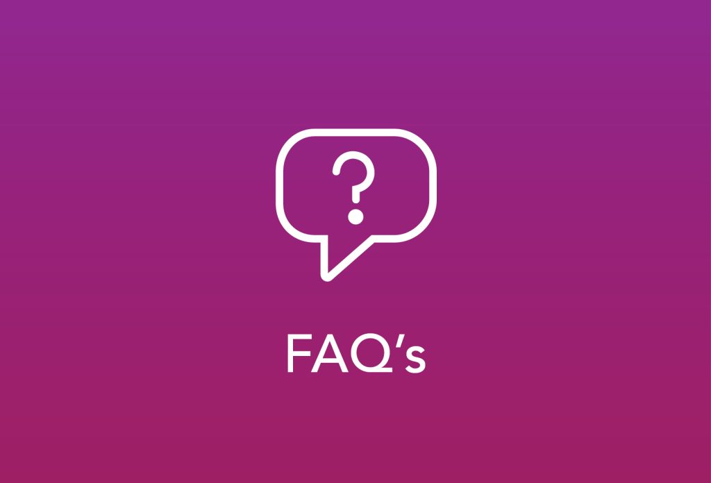 A purple background with a white speech bubble containing a question mark inside. Below the speech bubble, the text "FAQ's" is written in white.
