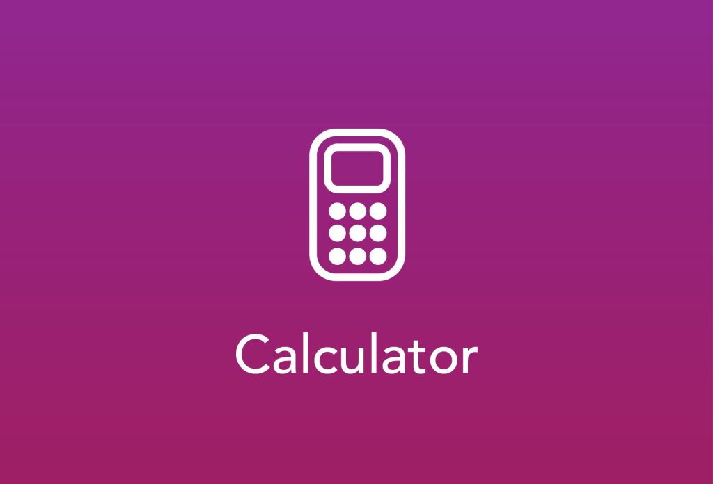 A simple white icon of a calculator is centered on a gradient background transitioning from purple at the top to dark pink at the bottom. Beneath the calculator icon, the word "Calculator" is written in white text.