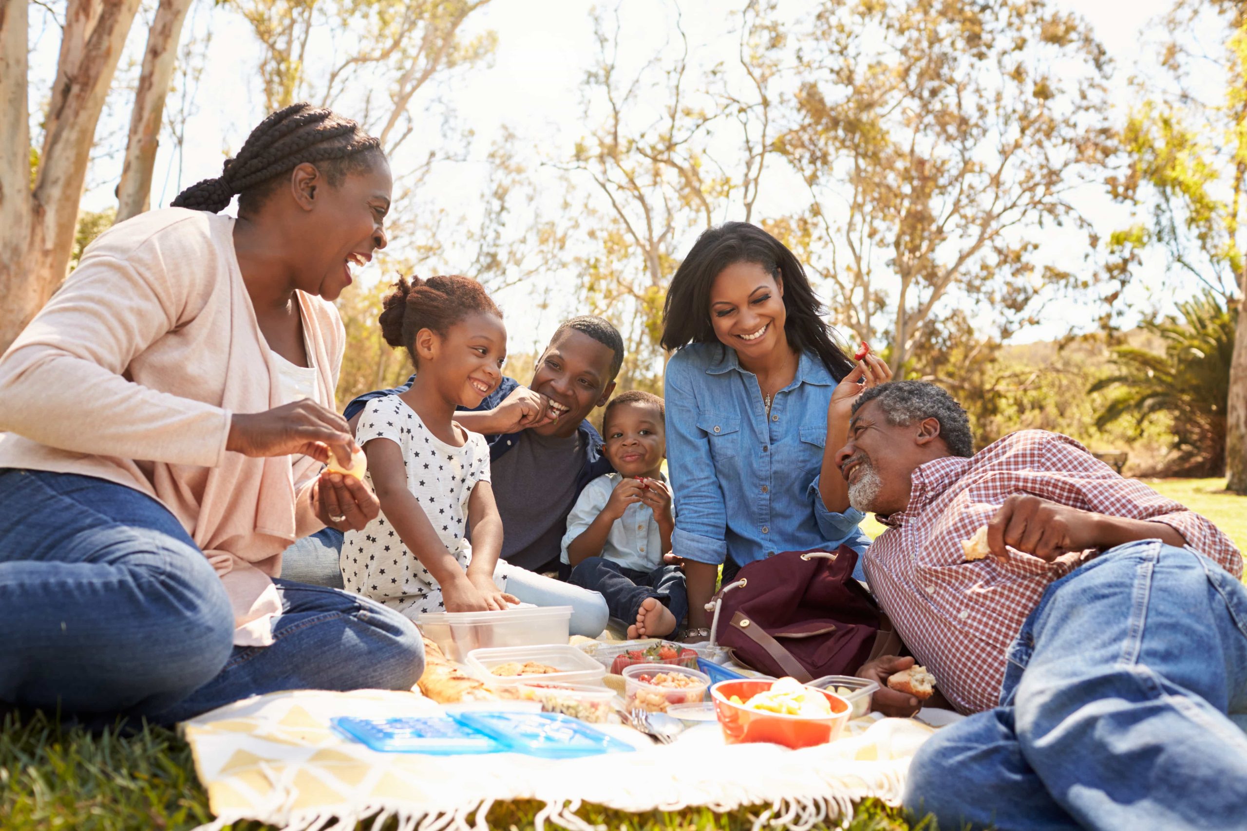 A joyful multi-generational family enjoys a picnic in a sunny park, with members laughing and sharing food together on a blanket surrounded by nature.